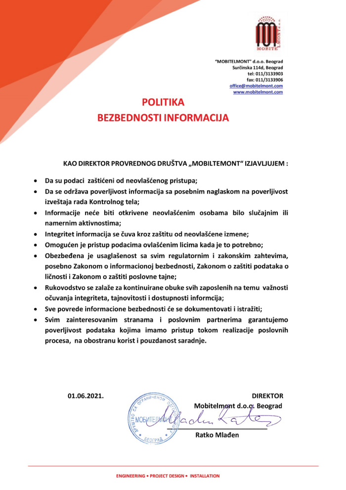 mobitelmont politika bezbednosti informacija